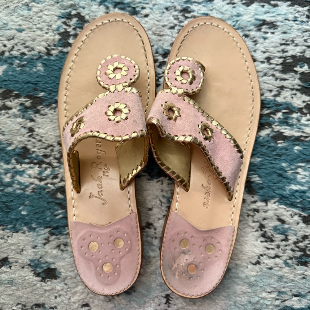 Jack Rogers Sandals Pink Suede with Gold Stitching, size 8